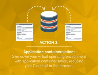 ACTION 3:
Application containerisation:
Slim down your virtual operating environment
with application containerisation, reducing
your Cloud bill in the process.
 