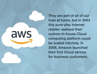 They are part of all of our
lives at home, but in 2003
this pure-play Internet
retailer realised their
custom in-house Cloud
computing platform could
be scaled infinitely. In
2006, Amazon launched
their first Cloud service
for business customers.
 