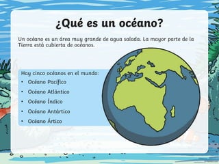 ¿Qué es un océano?
Un océano es un área muy grande de agua salada. La mayor parte de la
Tierra está cubierta de océanos.
Hay cinco océanos en el mundo:
• Océano Pacífico
• Océano Atlántico
• Océano Índico
• Océano Antártico
• Océano Ártico
 