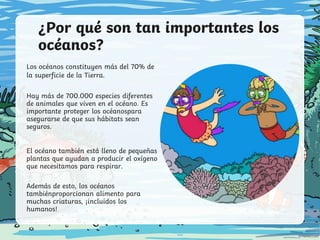 ¿Por qué son tan importantes los
océanos?
Los océanos constituyen más del 70% de
la superficie de la Tierra.
Hay más de 700.000 especies diferentes
de animales que viven en el océano. Es
importante proteger los océanospara
asegurarse de que sus hábitats sean
seguros.
El océano también está lleno de pequeñas
plantas que ayudan a producir el oxígeno
que necesitamos para respirar.
Además de esto, los océanos
tambiénproporcionan alimento para
muchas criaturas, ¡incluidos los
humanos!
 