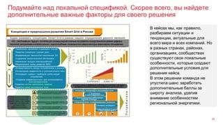 Подумайте над локальной спецификой. Скорее всего, вы найдете
дополнительные важные факторы для своего решения
16
В кейсах мы, как правило,
разбираем ситуации и
тенденции, актуальные для
всего мира и всех компаний. Но
в разных странах, районах,
организациях, сообществах
существуют свои локальные
особенности, которые создают
дополнительные условия для
решения кейса.
В этом решении команда не
упустила шанс заработать
дополнительные баллы за
широту анализа, уделив
внимание особенностям
региональной энергетики.
 