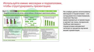 Используйте емкие месседжи и подзаголовки,
чтобы структурировать презентацию
30
На слайде удачно использованы
месседжи и подзаголовки – они
складываются в повествование,
помогают быстро
ориентироваться в презентации
и делают ее очень прозрачной.
Удобные месседжи и
подзаголовки направляют
читателя в процессе изучения
вашей презентации.
 