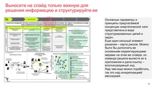 Выносите на слайд только важную для
решения информацию и структурируйте ее
66
Основные параметры и
принципы предлагаемой
концепции энергетической сети
представлены в виде
структурированных целей и
задач.
Еще один сильный элемент
решения – карта рисков. Можно
было бы дополнить ее
основными корректирующими
мерами на этом же слайде, но
команда решила вынести их в
приложения и дала ссылку –
вполне разумный ход.
Над чем еще можно поработать,
так это над конкретизацией
месседжей.
 