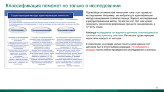 Классификация поможет не только в исследовании
При выборе оптимальной технологии тоже стоит провести
исследование. Например, мы выбрали для идентификации
метод сканирования отпечатка пальца. Хорошо исследованный
и распространенный метод. Но все ли это? Нет, нам нужно
придумать технологию реализации процесса сканирования, и
тут есть опции.
Команда исследовала три варианта датчиков, отличающиеся по
физическому принципу действия. Расписала существующие
недостатки каждого из методов.
К сожалению, из слайда нельзя понять какой именно тип
датчиков был в итоге выбран командой. Не забывайте о
выводах после любого проведенного исследования и анализа.
42
 