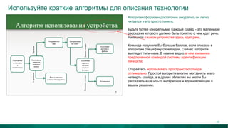 Используйте краткие алгоритмы для описания технологии
Алгоритм оформлен достаточно аккуратно, он легко
читается и его просто понять.
Будьте более конкретными. Каждый слайд – это маленький
рассказ из которого должно быть понятно о чем идет речь.
Напишите о каком устройстве здесь идет речь.
Команда получила бы больше баллов, если описала в
алгоритме специфику своей идеи. Сейчас алгоритм
выглядит типичным. В нем не видно в чем изюминка
предложенной командой системы идентификации
личности.
Старайтесь использовать пространство слайда
оптимально. Простой алгоритм вполне мог занять всего
четверть слайда, а в других областях вы могли бы
рассказать еще что-то интересное и вдохновляющее о
вашем решении.
43
 