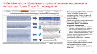 Избегайте текста. Идеальная структура решения лаконичная и
четкая: шаг 1, шаг 2, шаг 3… и результат
27
В меню не надо дублировать заголовки.
Любой заголовок должен быть
информативным. Если у вас ушло 2
слайда на финансы, поясните, в чем
было различие.
Такой текст следует сократить минимум
в три раза. Приводите только
ключевые факты и надежные
источники информации:
• Решение о покупке – на местах продаж.
• Реклама и лояльность бренду (магазина
или покупки?) не влияет на решение.
• 7 из 10 покупателей принимают решение о
бренде запланированной покупке в зале.
Логично далее проанализировать, что
важнее: мерчендайзинг или
привлечение покупателя в магазин.
Не используйте стрелки во все
стороны. Внимание читающего в этом
месте зацикливается, так как
непонятно, к чему пытаются привлечь
внимание.
 