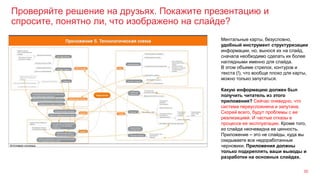 Проверяйте решение на друзьях. Покажите презентацию и
спросите, понятно ли, что изображено на слайде?
35
Ментальные карты, безусловно,
удобный инструмент структуризации
информации, но, вынося их на слайд,
сначала необходимо сделать их более
наглядными именно для слайда.
В этом объеме стрелок, контуров и
текста (!), что вообще плохо для карты,
можно только запутаться.
Какую информацию должен был
получить читатель из этого
приложения? Сейчас очевидно, что
система переусложнена и запутана.
Скорей всего, будут проблемы с ее
реализацией. И частые отказы в
процессе ее эксплуатации. Кроме того,
из слайда неочевидна ее ценность.
Приложение – это не слайды, куда вы
скидываете все недоработанные
черновики. Приложения должны
только подкреплять ваши выводы и
разработки на основных слайдах.
 