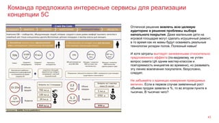 Команда предложила интересные сервисы для реализации
концепции 5С
43
Отличное решение вовлечь всю целевую
аудиторию в решение проблемы выбора
напольного покрытия. Даже маленькие дети на
игровой площадке могут сделать игрушечный ремонт,
в то время как их мамы будут осваивать реальные
технологии укладки полов. Полезный навык!
И хотя затраты выглядят заниженными относительно
предложенного эффекта (по-видимому, не учтен
вопрос охвата ЦА одним мастер-классом и
повторяемость инициатив во времени), но развивать
эту линию вовлечения покупателя, безусловно,
следует.
Не забывайте о единицах измерения приводимых
величин. Если в первом случае заявленный рост
объема продаж заявлен в %, то во втором пункте в
тысячах. В тысячах чего?
 