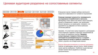 Целевая аудитория разделена на сопоставимые сегменты
49
В решении изучен порядок выбора напольного
покрытия в зависимости от сегмента покупателей.
Команда приводит результаты проведенного
исследования потребителей в магазине.
Менеджеру очень важно как можно чаще посещать
объекты управления и видеть, как происходят
бизнес-процессы на самом деле, понимать, что
скрывается за цифрами в отчетах компании.
Отличная работа!
Здорово, что участники сразу подумали о допродажах
сопутствующих товаров и опросили покупателей об
их планах на подобные покупки. Продажи
сопутствующих товаров в большинстве
категорий высокомаржинальны и создают
существенный вклад в прибыль компании, а
значит, упускать их из вида никак нельзя.
Всегда обращайте внимание на легенду диаграммы.
Сейчас из диаграммы нельзя понять, какой сегмент
каким цветом изображен. Наиболее существенный
сегмент можно было выделить в легенде
дополнительно.
 