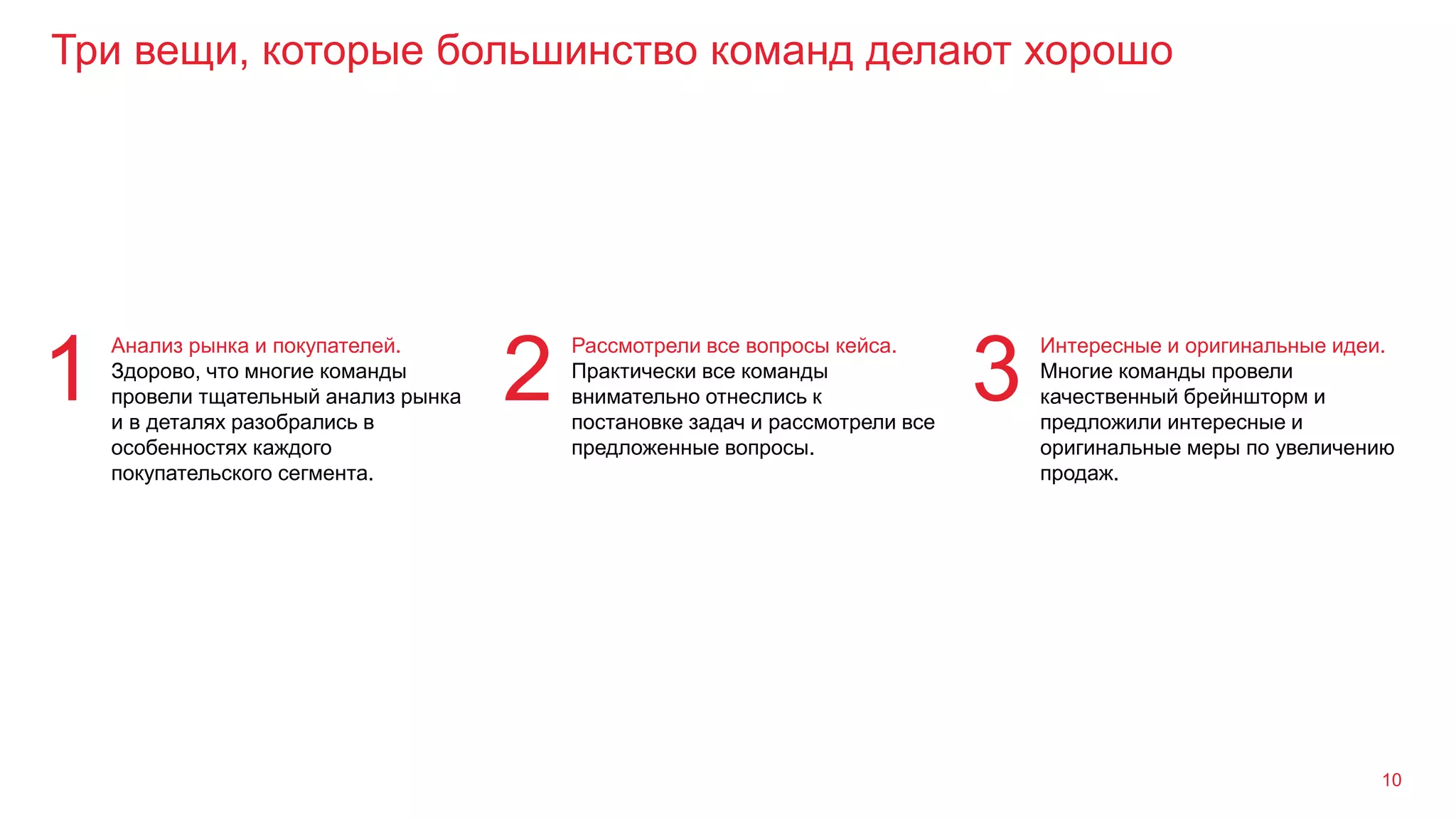 Три вещи, которые большинство команд делают хорошо
10
Анализ рынка и покупателей.
Здорово, что многие команды
провели тщательный анализ рынка
и в деталях разобрались в
особенностях каждого
покупательского сегмента.
1
Рассмотрели все вопросы кейса.
Практически все команды
внимательно отнеслись к
постановке задач и рассмотрели все
предложенные вопросы.
2
Интересные и оригинальные идеи.
Многие команды провели
качественный брейншторм и
предложили интересные и
оригинальные меры по увеличению
продаж.
3
 