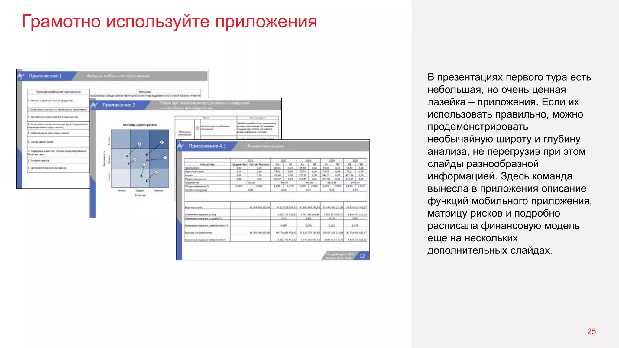 Грамотно используйте приложения
25
В презентациях первого тура есть
небольшая, но очень ценная
лазейка – приложения. Если их
использовать правильно, можно
продемонстрировать
необычайную широту и глубину
анализа, не перегрузив при этом
слайды разнообразной
информацией. Здесь команда
вынесла в приложения описание
функций мобильного приложения,
матрицу рисков и подробно
расписала финансовую модель
еще на нескольких
дополнительных слайдах.
 