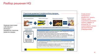 Разбор решения HQ
49
Команда приступает
собственно к
решению –
разработке стратегии
развития продаж.
Слайд можно
значительно
доработать: указать
главную идею
стратегии в заголовке,
оценить эффект от
инициатив, не
ограничиваясь только
декларативными
утверждениями.
 