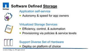 Software Defined Storage
Application self-service
 Autonomy & speed for app owners
Virtualized Storage Services
 Efficiency, control, & automation
 Provisioning via policies & service levels
Support Diverse Set of Hardware
 Deploy on platform of choice
 