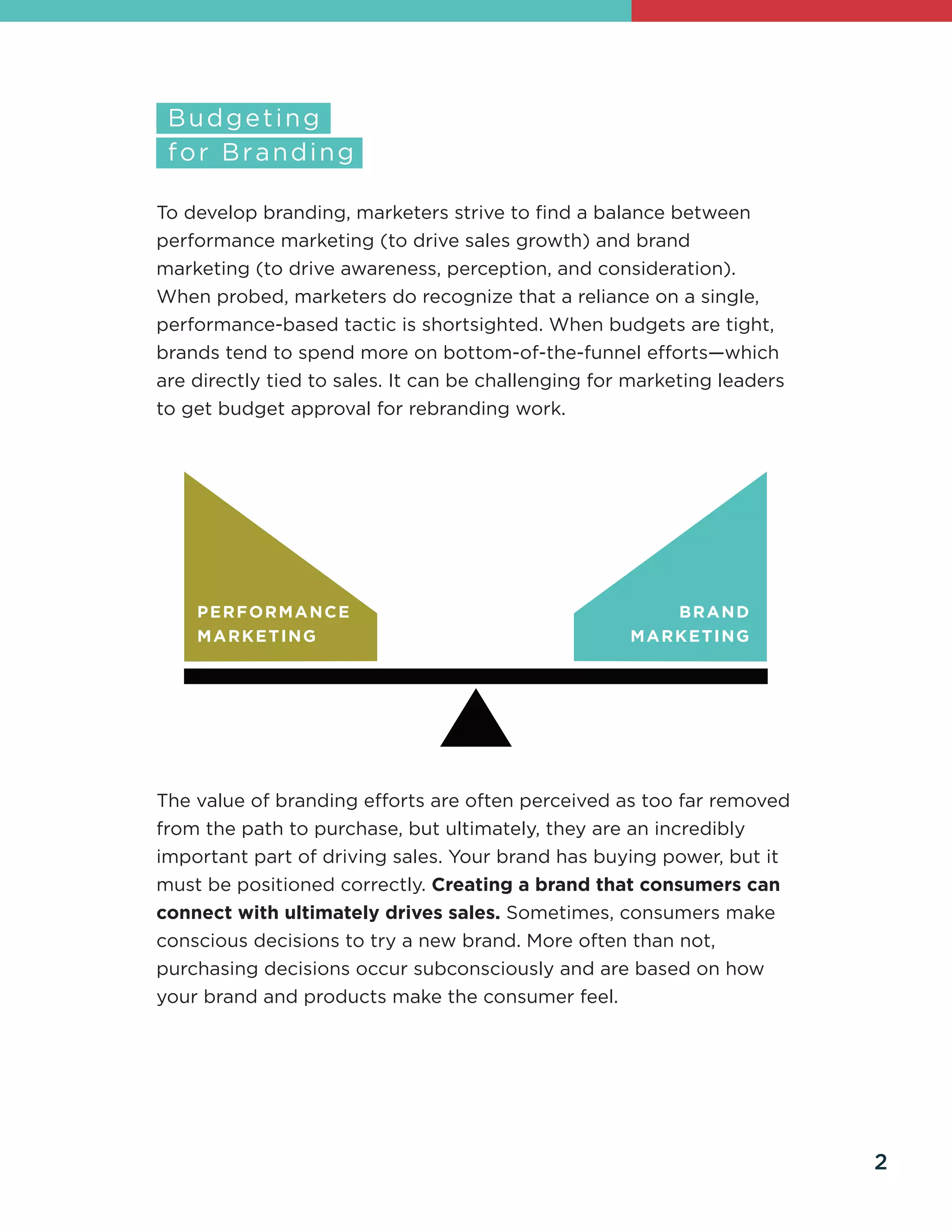 To develop branding, marketers strive to find a balance between
performance marketing (to drive sales growth) and brand
marketing (to drive awareness, perception, and consideration).
When probed, marketers do recognize that a reliance on a single,
performance-based tactic is shortsighted. When budgets are tight,
brands tend to spend more on bottom-of-the-funnel efforts­
—which
are directly tied to sales. It can be challenging for marketing leaders
to get budget approval for rebranding work.
The value of branding efforts are often perceived as too far removed
from the path to purchase, but ultimately, they are an incredibly
important part of driving sales. Your brand has buying power, but it
must be positioned correctly. Creating a brand that consumers can
connect with ultimately drives sales. Sometimes, consumers make
conscious decisions to try a new brand. More often than not,
purchasing decisions occur subconsciously and are based on how
your brand and products make the consumer feel.
2
 