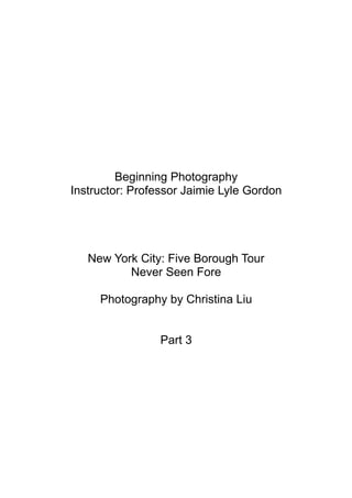 Beginning Photography
Instructor: Professor Jaimie Lyle Gordon




   New York City: Five Borough Tour
          Never Seen Fore

     Photography by Christina Liu


                 Part 3
 