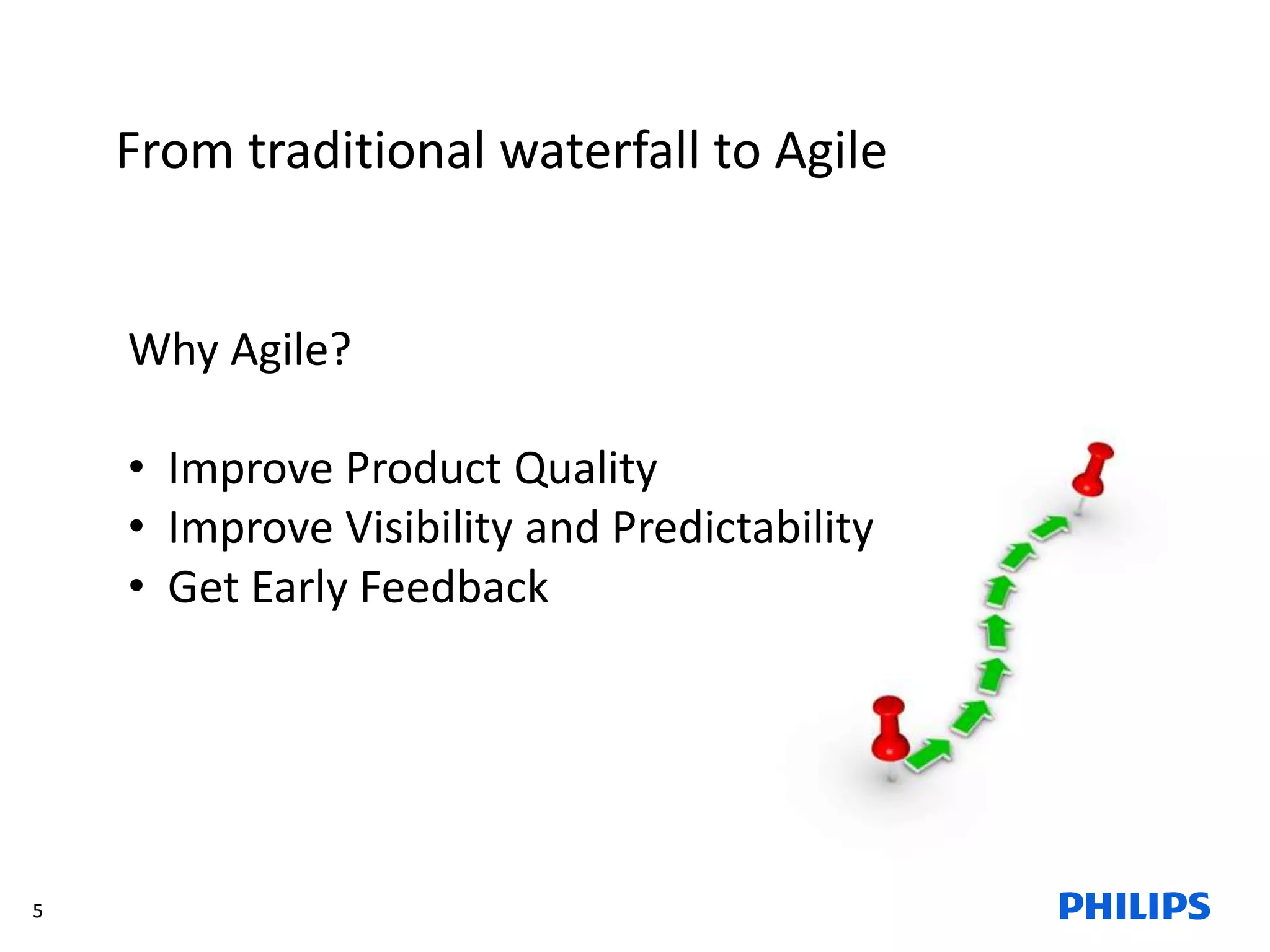 5
From traditional waterfall to Agile
Why Agile?
• Improve Product Quality
• Improve Visibility and Predictability
• Get Early Feedback
 