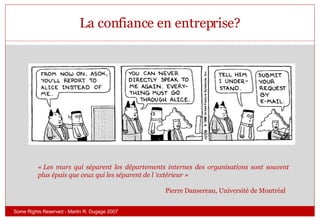 La confiance en entreprise? Some Rights Reserved - Martin R. Dugage 2007 « Les murs qui séparent les départements internes des organisations sont souvent plus épais que ceux qui les séparent de l ’extérieur »  Pierre Dansereau, Université de Montréal   