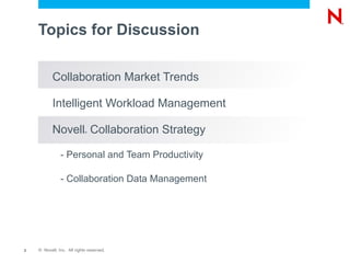 Topics for Discussion

           Collaboration Market Trends

           Intelligent Workload Management

           Novell Collaboration Strategy
                            ®




               - Personal and Team Productivity

               - Collaboration Data Management




2   © Novell, Inc. All rights reserved.
 