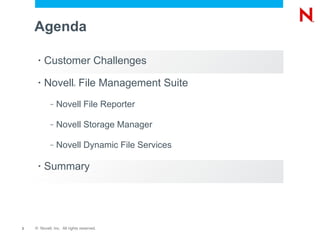 Agenda Customer Challenges Novell ®  File Management Suite Novell File Reporter Novell Storage Manager Novell Dynamic File Services Summary 