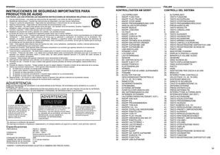 SPANISH                                                                                        GERMAN                                   ITALIAN

INSTRUCCIONES DE SEGURIDAD IMPORTANTES PARA                                                    KONTROLLTASTEN AM GERÄT                  CONTROLLI DEL SISTEMA
PRODUCTOS DE AUDIO                                                                             1.    LAUTSPRECHER                       1.    ALTOPARLANTI
POR FAVOR, LEA CON ATENCIÓN LAS SIGUIENTES INSTRUCCIONES DE SEGURIDAD RELATIVAS A SU EQUIPO.   2.    KNOPF FUNCTION                     2.    TASTO FUNZIONE
                                                                                               3.    KNOPF PLAY/ PAUSE                  3.    TASTO AVVIO/PAUSA
                                                                                               4.    KNOPF STOP/ BAND                   4.    TASTO STOP/FREQUENZA
                                                                                               5.    KNOPF PROGRAMMIERUNG/ UHR          5.    TASTO PROGRAMMA/OROLOGIO
                                                                                               6.    ANSCHLUSS KOPFHÖRER                6.    PRESA AURICOLARI
                                                                                               7.    KNOPF MODUS                        7.    TASTO MODALITÀ
                                                                                               8.    KNOPF LÖSCHEN                      8.    TASTO CANCELLARE
                                                                                               9.    CD FACH                            9.    VANO CD
                                                                                               10.   KNOPF VOR/ FF                      10.   TASTO SU/AVANTI
                                                                                               11.   KNOPF ZURÜCK/ FR                   11.   TASTO GIÙ/INDIETRO
                                                                                               12.   KNOPF EIN/ AUS                     12.   TASTO ACCENSIONE
                                                                                               13.   KNOPF ÖFFNEN SCHLIESSEN            13.   TASTO APRIRE/CHIUDERE
                                                                                               14.   KNOPF NÄCHSTER ORDNER              14.   TASTO CARTELLA SUPERIORE
                                                                                               15.   KNOPF AUFNAHME USB                 15.   TASTO REGISTRAZIONE DISPOSITIVO USB
                                                                                               16.   KNOPF AUFNAHME SD                  16.   TASTO REGISTRAZIONE SCHEDA SD
                                                                                               17.   USB ANSCHLUSS                      17.   PORTO USB
                                                                                               18.   STANDBY LICHT                      18.   INDICATORE STANDBY
                                                                                               19.   LCD DISPLAY                        19.   DISPLAY A CRISTALLI LIQUIDI
                                                                                               20.   LAUTSTÄRKERAD                      20.   MANOPOLA VOLUME SU/GIÙ
                                                                                               21.   SENSOR                             21.   SENSORE
                                                                                               22.   SD- KARTEN SCHLITZ                 22.   VANO SCHEDA SD
                                                                                               23.   KNOPF EJECT/ FF                    23.   TASTO ESPULSIONE/AVANTI
                                                                                               24.   KASSETTENFACH                      24.   VANO AUDIOCASSETTA
                                                                                               25.   PLATTENSPIELER                     25.   PIATTO
                                                                                               26.   SPINDEL                            26.   ASSE
                                                                                               27.   ADAPTER FÜR 45 U/MIN- AUFNAHMEN    27.   ADATTATORE PER DISCHI A 45 GIRI
                                                                                               28.   TONARM                             28.   BRACCIO
                                                                                               29.   SCHALTER FÜR DIE                   29.   INTERRUTTORE CONTROLLO
                                                                                                     GESCHWINDIGKEITSKONTROLLE                VELOCITÀ(33 1/3, 45, 78 GIRI)
                                                                                                     (33 1/3, 45, 78 U/ MIN)            30.   SOSTEGNO BRACCIO
                                                                                               30.   ARMSTÜTZE                          31.   GANCIO DI SICUREZZA
                                                                                               31.   SICHERHEITSHAKEN                   32.   CAVO DI ALIMENTAZIONE CA
                                                                                               32.   STROMKABEL                         33.   ANTENNA ESTERNA
                                                                                               33.   EXTERNE ANTENNE                    34.   PRESA ENTRATA AUX
                                                                                               34.   ZUSÄTZLICHER ANSCHLUSS             35.   PRESA ANTENNA FM
                                                                                               35.   AM- ANTENNENANSCHLUSS              36.   INTERRUTTORE ALTOPARLANTE
                                                                                               36.   INTERNER/ EXTERNER                       INTERNO/ESTERNO (INT./EST.)
                                                                                                     LAUTSPRECHERSCHALTER(INT./ EXT.)   37.   TASTO ACCENSIONE
                                                                                               37.   KNOPF EIN/ AUS                     38.   TASTO EQUALIZZATORE
                                                                                               38.   KNOPF EQ                           39.   TASTO PROGRAMMAZIONE
                                                                                               39.   KNOPF PROGRAMMIEREN                40.   TASTO SILENZIO
                                                                                               40.   KNOPF TON AUS                      41.   TASTI NUMERICI 0-9, 10+
                                                                                               41.   KNÖPFE 0-9, 10+                    42.   TASTO RIPRODUZIONE CASUALE
                                                                                               42.   KNOPF ZUFÄLLIGE WIEDERGABE         43.   TASTO PRESET+ (IMPOSTAZIONE)
                                                                                               43.   KNOPF EINSTELLEN+                  44.   TASTO SU/AVANTI
                                                                                               44.   KNOPF VOR/ FF                      45.   TASTO RIPRODUZIONE/PAUSA
                                                                                               45.   KNOPF PLAY/ PAUSE                  46.   TASTO RIPETERE/MO/STEREO
                                                                                               46.   KNOPF WIEDERHOLEN/ MO/ ST          47.   TASTO PRESET- (IMPOSTAZIONE)
                                                                                               47.   KNOPF EINSTELLEN –                 48.   TASTO VOLUME+
                                                                                               48.   KNOPF LAUTSTÄRKE +                 49.   TASTO VOLUME-
                                                                                               49.   KNOPF LAUTSTÄRKE –                 50.   TASTO STOP/STAZIONE RADIO
                                                                                               50.   KNOPF STOP/ BAND                   51.   TASTO DISPLAY
                                                                                               51.   KNOPF DISPLAY                      52.   TASTO SLEEP
                          MW 531 - 1602 KHz                                                    52.   KNOPF SLEEP                        53.   TASTO REGISTRAZIONE SCHEDA SD
                                                                                               53.   KNOPF SD- KARTE AUFNAHME           54.   TASTO GIÙ/INDIETRO
                                                                                               54.   KNOPF ZURÜCK/ FR                   55.   TASTO FUNZIONE
                                                                                               55.   KNOPF FUNCTION                     56.   TASTO REGISTRAZIONE DISPOSITIVO USB
                                                                                               56.   KNOPF USB AUFNAHME



1                                                                                                                                                                                   34
 