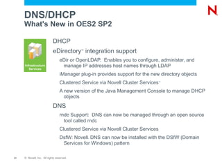 Providing a Better Way Instead of ... Consider this ... Investing only in proprietary platforms Open Enterprise Server and SUSE ®  Linux Enterprise Server can manage and serve many applications Spending on a file and print migration only to be locked-in Maximize the investments you've already made and continue to get industry-leading identity and security, user productivity, choice and flexibility Paying for costly virtualization offerings Open Enterprise Server gives you virtualization for free to host all your workloads – Windows or Linux. Buying expensive Storage Resource Management tools Deploy Dynamic Storage Technology  for free to drive down cost and inefficiency Monolithic deployments Open Enterprise Server can deploy AD-ready appliances when you decide 