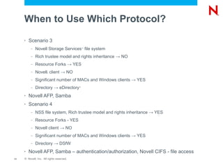 When to Use Which Protocol?
     •   Scenario 3
          –   Novell Storage Services file system
                                               ™



          –   Rich trustee model and rights inheritance → NO
          –   Resource Forks → YES
          –   Novell client → NO
                       ®




          –   Significant number of MACs and Windows clients → YES
          –   Directory → eDirectory       ™




     •   Novell AFP, Samba
     •   Scenario 4
          –   NSS file system, Rich trustee model and rights inheritance → YES
          –   Resource Forks - YES
          –   Novell client → NO
          –   Significant number of MACs and Windows clients → YES
          –   Directory → DSfW
     •   Novell AFP, Samba – authentication/authorization, Novell CIFS - file access
11   © Novell, Inc. All rights reserved.
 