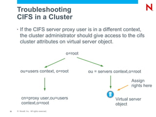 Troubleshooting
     CIFS in a Cluster
     •   If the CIFS server proxy user is in a different context,
         the cluster administrator should give access to the cifs
         cluster attributes on virtual server object.

                                           o=root



         ou=users context, o=root                   ou = servers context,o=root

                                                                          Assign
                                                                          rights here

         cn=proxy user,ou=users                                  Virtual server
         context,o=root                                          object
33   © Novell, Inc. All rights reserved.
 