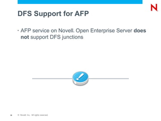 DFS Support for AFP

     •   AFP service on Novell Open Enterprise Server does
                                           ®



         not support DFS junctions




39   © Novell, Inc. All rights reserved.
 