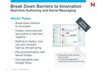 Break Down Barriers to Innovation
    Real-time Authoring and Social Messaging

    Novell Pulse      ®

                                                                         C
                                                                       M om
         •   Break-down barriers                                        id i
                                                                          20 ng
             to Innovation                                                  10

         •   Create, share and edit
             documents in real-time.
             Together
         •   Nothing to deploy. Just
             use your browser,
             sign-up and get going
         •   File synchronization with
             Novell iFolder               ®
                                              • Enterprise-ready security
                                                and controls
         •   Interoperability with            • On-premise integrations
                                                using Novell Data Synchronizer
             Google Wave

9   © Novell, Inc. All rights reserved.
 