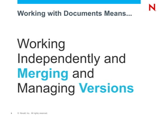 Working Independently and  Merging  and Managing  Versions Working with Documents Means... 