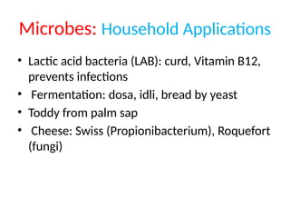 Microbes: Household Applications
• Lactic acid bacteria (LAB): curd, Vitamin B12,
prevents infections
• Fermentation: dosa, idli, bread by yeast
• Toddy from palm sap
• Cheese: Swiss (Propionibacterium), Roquefort
(fungi)
 