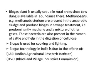 • Biogas plant is usually set up in rural areas since cow
dung is available in abundance there. Methanogens,
e.g. methanobacterium are present in the anaerobic
sludge and produce biogas in sewage treatment, i.e.
predominantly methane and a mixture of other
gases. These bacteria are also present in the rumen
of cattle and help in the digestion of cellulose
➢ Biogas is used for cooking and lighting.
➢ Biogas technology in India is due to the efforts of:
i)IARI (Indian Agricultural Research Institute)
ii)KVCI (Khadi and Village Industries Commission)
 