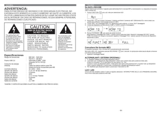 ESPAÑOL                                                                                                    ITALIANO
                                                                                                          Da AUX a SD/USB
ADVERTENCIA:                                                                                              Questo sistema può convertire il segnale audio dell’entrata AUX in formato MP3 e memorizzarlo in un dispositivo di memoria
                                                                                                          USB o scheda SD.
PARA EVITAR RIESGO DE INCENDIO O DE DESCARGAS ELÉCTRICAS, NO
                                                                                                          1. Prema FUNCTION /          una o più volte per selezionare AUX
EXPONGA ESTE APARATO A LLUVIA O HUMEDAD. NO QUITE LA CUBIERTA. LOS
PILOTOS LUMINOSOS ESTÁN SOLDADOS EN SU LUGAR. NO HAY PIEZAS ÚTILES
EN SU INTERIOR. EN CASO DE REPARACIONES, ACUDA SIEMPRE A PERSONAL
DE REPARACIONES CUALIFICADO.                                                                              2. Prema REC /        per iniziare il processo, il sistema cercherà il contenuto dell’ USB/scheda SD e verrà creata una
                                                                                                             cartella dove verranno memorizzate le tracce in MP3.
                                                                                                          3. L’icona “REC” ed il messaggio“RIPP TO” appariranno sullo schermo e l’icona “AUX” lampeggerà.
                                                                                                          4. L’icona del dispositivo corrispondente ("USB” o "CARD”) inizierà a lampeggiare.

                                         CAUTION
                                       RISK OF ELECTRIC SHOCK
                                             DO NOT OPEN                                                  5. Prema STOP/BAND /         per uscire da questa funzione.
                                                                                                             Nota:Apparirà il messaggio“NO FUNCT” quando prema qualunque tasto. Apparirà il messaggio“NO DEV” quando
  The lighting flash with
  arrowhead symbol, within             CAUTION: TO REDUCE                       The exclamation point        l’USB o la scheda non vengono riconosciuti. Apparirà il messaggio“FULL” quando quando la memoria del dispositivo
                                       THE RISK OF ELECTRIC                     within an equilateral        selezionato è piena.
  an equilateral triangle, is
                                                                                triangle is intended to
  intended to alert user to            SHOCK, DO NOT REMOVE                     alert user to the
  the presence of uninsulated          COVER (OR BACK). NO                      presence of important
  "dangerous voltage" within the
                                       USER - SERVICEABLE                       operating and
  product's enclosure
                                                                                maintenance (servicing)
  that may be of sufficient            PARTS INSIDE. REFER                      instruction in the
  magnitude to constitute              SERVICING TO QUALIFIED
  risk of electric shock
                                                                                literature accompanying   Cancellare file formato MP3
  to persons.                          SERVICE PERSONNEL.                       the appliance.            E’ possibile cancellare i file in formato MP3 precedentemente memorizzati.
                                                                                                          Nel modo USB o SD, mantenere premuto REC/ERASE /               per 2 secondi, la riproduzione della traccia attuale si fermerà
                                                                                                          e la traccia verrà cancellata.
                                                                                                          1. Apparirà il messaggio“delete”.
Especificaciones
Rango de frecuencias               :    MW 522 - 1620 KHz                                                 ALTOPARLANTI ESTERNI OPZIONALI
                                   :    FM 87.5 - 108 MHz                                                 1. E’ possibile collegare all’unità degli altoparlanti esterni.
Puerto USB 2.0                     :    Velocidad 512MB – 4GB                                             2. I connettori per il collegamento degli altoparlanti esterni sono ubicati nella parte posteriore della radio.
                                        (Soporta FAT16, FAT32)                                               A fianco ai connettori c’è un interruttore con due opzioni: Int. / Ext.
Consumo de energía                 :    85W                                                                  Quando si usano gli altoparlanti esterni l’interruttore deve stare sulla posizione EXT. In questo modi, gli altoparlanti
Antenas                            :    Cable de antena externo para FM                                      interni vengono disattivati e l’uscita audio è direttamente collegata agli altoparlanti esterni.
                                   :    Antena de ferrita incorporada para AM                             3. Per disattivare glia altoparlanti esterni, posizionare l’interruttore su INT.
Corriente eléctrica                :    AC 230V ~ 50Hz
Tamaño del altavoz                 :    2 x 6 1/2” de tipo dinámico                                       LUCI LED
Ohmios del altavoz                 :    4 ohmios                                                          Le luci LED che cambiano colore (7 colori) si regolano attraverso l’ INTERRUTTORE DELLE LUCI (PREMERE/LASCIARE)
                                                                                                          che si trova nella parte posteriore dell’unità.
Vatios del altavoz                 :    40W
Tamaño del altavoz                 :    2 x 2 1/2 tipo Tweeter
Ohmios del altavoz                 :    8 ohmios
Vatios del altavoz                 :    10W
Salida de corriente                :    2 x 13W

*DISEÑO Y ESPECIFICACIONES SUJETOS A CAMBIOS SIN PRECIO AVISO.




                                                     - 2 -                                                                                                           - 59 -
 
