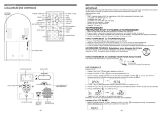 PORTUGUÉS                                                                                                                 FRANCAIS
LOCALIZAÇÃO DOS CONTROLOS                                                                                              IMPORTANT:
                                                                                                                       Ne débranchez pas le dispositif USB pendant qu’il est en mode USB car cela peut endommager le dispositif ou les dossiers.
                                                                                                                       Veuillez éteindre l’appareil ou pressez un autre mode avant de débrancher le dispositif USB.
EXTERNAL                                                                                            CD OPEN / CLOSE    Spécifications de l’ USB:
ANTENNA                             POWER / STAND BY                      EQ      MUTE
                                                                                           OPEN/
                                                                                           CLOSE
                                                                                                                       Interface
                                                 EQ                                                 MUTE               - USB 2.0 grande vitesse, HOST (ne supporte pas HUB USB) correspondant à mémoire Flash
                                          PRESET +                        REC              SLEEP    SLEEP              - Compatible avec MPEG Audio 1, 2, 2.5
                                                REC             PRESET             VOL              VOLUME +           - Compatible avec Layer 1, 2, 3
                                           PRESET -                                        FUNC     FUNCTION           - Compatible avec niveau Bit: 128 – 320 Kbps
                                          PLAY / PAUSE                                                                 - Niveaux de sous-dossiers: 8 niveaux
                                                                                                    VOLUME -           - Nombre de pistes/ titres: 999 maxi
                                   SKIP BACKWARD -                       RANDOM
                                                                                                                       - Supporte I D3 tag V2.0
                                              RANDOM                                                SKIP FORWARD / +
                                                ID3              ID3
                                                                          BAND
                                                                                  REPEAT
                                                                                           PROG
                                                                                           MEM
                                                                                           CLOCK
                                                                                                    PROGRAM            TOURNEDISQUES
                                          STOP / BAND                                               REPEAT             PREPARATION AVANT D’UTILISER LE TOURNEDISQUES
                                                                  0        1        2      TIMER
                                                                                                    TIMER              1.   Retirez la bride noire en la déroulant et enlevez-la du BRAS avec précaution.
                                                                                                                       2.   Enlevez la pièce protectrice de l’aiguille en tirant doucement vers la partie frontale de l’appareil.
                                                                           4
                                                                                            MONO                       3.   Libérez le BRAS et pressez doucement vers la droite le clip de maintien. Vous libérerez ainsi le bras du SUPPORT.
                                                                  3                 5      STEREO   MONO/STEREO
                                                      0-9                                                              4.   Lorsque vous déplacez l’appareil, bloquez à nouveau le bras avec le clip.
                                                                  6        7        8       9                          FONCTIONNEMENT DU TOURNEDISQUES
                                                                                                                       1.   Presses FUNCTION /          pour régler l’appareil en mode PHONO.
                                                                                                                       2.   Réglez le CONTROLE DE VITESSE selon la vitesse (3, 1/3, 45 ou 78 rpm) du disque sélectionné.
                                                                                                                       3.   Positionnez le bras sur le disque et placez-le à l’endroit où vous voulez commencer la lecture.
                                                                                                                       4.   A la fin du disque, le BRAS s’arrêtera automatiquement. Vous devez le remettre manuellement sur le SUPPORT.

                                                                                                                       ACCESOIRES FOURNIS: Adaptateur pour disques de 45 rpm
                                                                                                                       Pour lire un disque de 45 rpm, enlevez l’adaptateur avec le pouce et l’index et tirez-le.
                                   AC POWER CORD
                                                                                                                       Placez-le sur l’AXE. Vous pourrez placer le disque sur le tournedisques.



                                                                                                                       FONCTIONNEMENT DU CONNECTEUR POUR ECOUTEURS
                                                                                                                       Pour écouter avec des écouteurs / casque (non fournis)


                                                                                                                                                                                                 ECOUTEURS
                                                                                                                                                                                                 Le son des haut-parleurs est désactivé.

                                                                                                                       LECTEUR DE CD
                  BATTERY BACKUP               MAIN POWER                                                              Lecture d’un CD
                                                                                                                       1. Pressez FUNCTION /         pour régler l’appareil en mode CD.
                                                                                                                       2. Pressez CD OPEN / CLOSE /           pour ouvrir le compartiment du CD.
                                                                                                                       3. Insérez un disque, la partie imprimée vers le haut. Pressez CD OPEN / CLOSE /     . à nouveau pour fermer le
                                                                                                                          compartiment, READ s’affichera pendant que le lecteur recherche le contenu du disque.




                                                                                   LIGHTING SWITCH                     4. La piste 1 sera lue automatiquement lorsque s’achèvera la lectura du contenu du CD.
    AUX IN JACK
                                                                                   (RELEASE/HOLD)                      5. Pressez FF /      o FB /     une ou plusieurs fois jusqu’à ce que s’affiche à l’écran le numéro de piste que vous souhaitez
                                                                                                                       6. Pressez STOP/BAND /           pour arrêter la lecture.




                                                                                                                       Remarque : l’icone “ESP” clignotera pendant 40 secondes puis se stabilisera.

                                                                                                                       Lecteur d’un CD de MP3
                  12V OUTPUT JACK       SPEAKER             EXTERNAL                                                   1. Insérez un disque au format CD-MP3. Pressez CD OPEN / CLOSE /                à nouveau pour fermer le compartiment.
                                        INT. / EXT.         SPEAKER JACK                                                  READ s’affichera à l’écran pendant que le système lit le contenu CD.
                                        SWITCH



                                             - 16 -                                                                                                                                - 45 -
 
