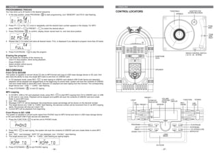ENGLISH                                                                                                                     ENGLISH
PROGRAMMING TRACKS
You may store up to 20 tracks in the desired sequence.                                                                       CONTROL LOCATORS                                  TURNTABLE            ADAPTER FOR
                                                                                                                                                                                                   45 RPM RECORDS
                                                                                                                                                                                    SPINDLE
1. In the stop position, press PROGRAM /         to start programming. Icon “MEMORY” and P0-01 start flashing.




2. Press FF /     or FB /      once or repeatedly until the desired track number appears in the display. For MP3:                                                                                                         TONE
   press PRESET + /         or PRESET – /     to select the desired album.                                                                                                                                                ARM

3. Press PROGRAM /            to confirm, display shown stored track no. and next store position.
                                                                                                                                                                                                                          TONE
                                                                                                                                                                                                                          ARM
                                                                                                                                                                                                                          REST

4. Repeat step 2-3 to select and store all desired tracks. FULL is displayed if you attempt to program more than 20 tracks



                                                                                                                                                                                                          33 45 78




5. Press PLAY/PAUSE /           to play the program.
                                                                                                                                                                                                SPEED CONTROL SWITCH
Erasing the program                                                                                                                                                                             ( 33 1/3 , 45 , 78 RPM)
                                                                                                                                                                 EARPHONE
You can erase the contents of the memory by:                                                                                                                     JACK
- once if in stop position, twice during playback;
- Press POWER /
- Select another sound source
- Open the CD door

RECORDING                                                                                                                                                        SPEAKER
From CD to SD/USB
The system is capable to convert whole CD disc to MP3 format and copy to USB mass storage device or SD card. And
also have the ability to copy one single MP3 track to and from on USB/SD card.
1. In CD playback mode, press REC /         to start ripping to USB/SD card (default USB if both device are detected),
   playback will be stopped and skipped back to the beginning of current track, system will scan the contents of USB/SD
   card and create folder to store MP3 track. Resume CD playback and start ripping from the moment. The corresponding
   target device icon “ USB ” / “ CARD “ start flashing.
2. Press STOP/BAND /           to exit CD ripping.

MP3 copying
1. In CD-MP3, USB or SD card playback mode, press REC /           to start MP3 copying from CD to USB/SD card, or USB
   to SD card or vice versa. Playback will be stopped and system will scan the contents of USB/SD card and create                                     PRESET –
   folder to store MP3 track.                                                                                                                                          VOLUME
2. icon “ REC displayed                                                                                                                 LIGHT            STAND BY      UP/DOWN LCD            FUNCTION       POWER
                                                                                                                                                                       KNOB    DISPLAY
                                                                                                                                                         INDICATOR                         REC/
3. Message COPY 01 will be displayed, the proportional copied percentage will be shown on the decimal number.                              SD                                                            USB
4. The target device icon “USB” or “CARD” start flashing, the decimal number will be increment from 01 as MP3 copying                      CARD PRESET +          SENSOR                   ERASE         PORT
   starts, the process will stop as it reach 100
5. Current MP3 will be playback from beginning

From Phono to SD / USB
The system is capable to convert audio signal from PHONO input to MP3 format and store in USB mass storage device
or SD card (default USB if both devices are detected)
1. Press the FUNCTION /          to set the unit to PHONO mode.

                                                                                                                                        PROGRAM                                                      PLAY/PAUSE
                                                                                                                                           UP/ F.F.                                                 STOP/BAND
                                                                                                                                          TIMER                                                      CD OPEN/CLOSE
2. Press REC /      to start ripping, the system will scan the contents of USB/SD card and create folder to store MP3
                                                                                                                                        DOWN / F.R.                                                 REPEAT/ST
   tracks.
3. Icon “ REC ” and message “ RIPP TO” are displayed, icon “ PHONO “ start flashing.
4. The target device icon “ USB ” or “ CARD ” start flashing as ripping begins.



                                                                                                                                                                 CD DOOR
5. Press STOP/BAND /           to exit PHONO ripping
                                                          - 34 -                                                                                                      - 27 -
 