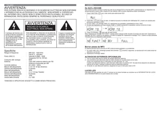 ITALIANO                                                                                              ESPAÑOL

AVVERTENZA:                                                                                            De AUX a SD/USB
                                                                                                       Este sistema puede convertir la señal de audio de la entrada AUX en formato MP3 y almacenarlo en un dispositivo de
PER EVITARE RISCHI DI INCENDIO O DI SCARICHE ELETTRICHE NON ESPORRE                                    almacenamiento masivo USB o tarjeta SD (por defecto USB si ambos dispositivos están conectados).
L’APPARECCHIO ALLA PIOGGIA O ALL’UMIDITA’. NON APRIRE IL COPERCHIO.                                    1. Pulse FUNCTION /        una o más veces para seleccionar AUX
ALL’INTERNO DELL’UNITA’ NON CI SONO PEZZI RIUTILIZZABILI. IN CASO DI
RIPARAZIONI, RIVOLGERSI SEMPRE AL PERSONALE QUALIFICATO.

                                                                                                       2. Pulse REC /       para iniciar el ripeo, el sistema buscará el contenido del USB/tarjeta SD y creará una carpeta para
                                                                                                          almacenar las pistas en MP3.
                                    AVVERTENZA                                                         3. El icono “REC” y el mensaje “RIPP TO” aparecerán en la pantalla y parpadeará el icono “AUX”.
                                                                                                       4. El icono del dispositivo correspondiente ("USB” o "CARD”) empezará a parpadear cuando comience el ripeo.
                                    RISCHIO DI SCARICA
                                    ELETTRICA. NON APRIRE.
                                                                                                       5. Pulse STOP/BAND /          para salir de esta función.
 Il simbolo del fulmine con     PER RIDURRE IL RISCHIO DI SCARICHE       Il segno di esclamazione      Nota: Aparecerá el mensaje “NO FUNCT” cuando pulse cualquier botón durante el proceso de ripeo AUX. Aparecerá el
 punta di freccia compreso      ELETTRICHE NON APRIRE IL COPERCHIO       compreso nel triangolo        mensaje “NO DEV” cuando no se detecte ni el USB ni la tarjeta SD. Aparecerá el mensaje “FULL” cuando no haya suficiente
 nel triangolo equilatero       UBICATO NELLA PARTE POSTERIORE.          equilatero serve ad           memoria libre en el dispositivo seleccionado.
 serve ad avvertire l’utente    ALL’INTERNO NON CI SONO PEZZI            avvertire l’utente della
 della presenza di un alto      UTILIZZABILI DALL’UTENTE. IN CASO DI     presenza di istruzioni di
 voltaggio privo di             GUASTO, RIVOLGERSI SEMPRE AL             uso e mantenimento
 isolamento che                                                          (riparazioni) contenute nel
 rappresenta un pericolo        PERSONALE QUALIFICATO PER LE             manuale.
 per la salute delle persone.   RIPARAZIONI.
                                                                                                       Borrar pistas de MP3
                                                                                                       El sistema permite borrar archivos en MP3 anteriormente grabados o ya existentes.

Specifiche                                                                                             1. En modo USB o SD, mantenga pulsado REC/ERASE /
                                                                                                          detendrá y se borrará.
                                                                                                                                                                      durante 2 segundos, la reproducción de la pista actual se
Rango di frequenza              :    MW 522 - 1620 KHz                                                 2. Aparecerá el mensaje “delete”.
                                :    FM 87.5 - 108 MHz
Porto USB 2.0                   :    Velocità 512MB – 4GB                                              ALTAVOCES EXTERNOS OPCIONALES
                                     (Supporta FAT16, FAT32)                                           1. Con su nueva radio tiene la opción de acoplar altavoces externos.
Consumo dell’ energia           :    85W                                                               2. Los conectores para altavoces externos están situados en la parte trasera de la radio.
Antenne                         :    Cavo dell’ antenna esterno per FM                                    Junto a los conectores hay un interruptor con dos opciones: Int. / Ext.
                                :    Antenna incorporata per AM                                           Cuando use altavoces externos, este interruptor debe estar en posición EXT. De esta forma desactiva los altavoces
                                                                                                          internos de la radio y redirige la potencia hacia los altavoces externos.
Corrente elettrica              :    AC 230V ~ 50Hz                                                    3. Si decide no usar altavoces externos, asegúrese de que el interruptor esté en INT.
Misure dell’altoparlante        :    2 x 6 1/2” di tipo dinamico
Ohmios dell’altoparlante        :    4 ohmios
Wats dell’altoparlante          :    40W                                                               LUCES LED
Misure dell’altoparlante        :    2 x 2 1/2 tipo Tweeter                                            Las luces LED que cambian de color (7 colores) en los tubos frontales se controlan con el INTERRUPTOR DE LUCES
Ohmios dell’altoparlante        :    8 ohmios                                                          (SOLTAR/MANTENER) en la parte trasera de la unidad.
Wats dell’altoparlante          :    10W
Uscita della corrente           :    2 x 13W

*DISEGNO E SPECIFICHE SOGGETTI A CAMBI SENZA PREAVVISO.




                                                 - 50 -                                                                                                          - 11 -
 