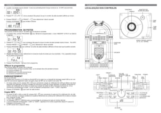 FRANCAIS                                                                                                                         PORTUGUÉS
2. La piste 1 du dossier source (dossier 1) sera lue automatiquement lorsque la lecture du CD MP3 sera terminée.                   LOCALIZAÇÃO DOS CONTROLOS
                                                                                                                                                                                    TURNTABLE            ADAPTER FOR
                                                                                                                                                                                                        45 RPM RECORDS
                                                                                                                                                                                         SPINDLE


3. Pressez FF /      o FB /      une ou plusieurs fois jusqu’à ce que le numéro de piste souhaité s’affiche sur l’écran.

4. Pressez PRESET + /         or PRESET – /       pour sélectionner l’album souhaité.
                                                                                                                                                                                                                               TONE
   Pressez STOP/BAND /          pour arrêter la lecture.                                                                                                                                                                       ARM


                                                                                                                                                                                                                               TONE
                                                                                                                                                                                                                               ARM
                                                                                                                                                                                                                               REST
PROGRAMMATION DE PISTES
Vous pouvez conserver jusqu’à 20 pistes dans la séquence souhaitée.
1. En position Stop, pressez PROGRAM /           pour démarrer la programmation. L’icone “MEMORY” et P0-01 se mettront
   à clignoter.
                                                                                                                                                                                                               33 45 78




                                                                                                                                                                                                     SPEED CONTROL SWITCH
                                                                                                                                                                                                     ( 33 1/3 , 45 , 78 RPM)
2. Pressez FF /      o FB /     une ou plusieurs fois jusqu’à ce que le numéro de piste souhaité s’aiche à l’écran. Pour MP3:                                        EARPHONE
                                                                                                                                                                     JACK
   Pressez PRESET + /         or PRESET – /      pour sélectionner l’album souhaité.
3. Pressez PROGRAM /          pour confirmer, le numéro de pistes stockées s’affichera à l’écran ainsi que la position suivante.



                                                                                                                                                                     SPEAKER
4. Répétez les étapes 2-3 pour sélectionner et conserver toutes les pistes que vous souhaitez.. FULL apparaîtra lorsque
   les 20 pistes se termineront.




5. Pressez PLAY/PAUSE /           pour lire le programme.

Effacer le programme
Vous pouvez effacer le contenu de la mémoire:
- En pressant Stop une fois en position Stop, ou en pressant deux fois pendant la lecture.
- En pressant POWER /
- En sélectionnant une autre source de son
                                                                                                                                                          PRESET –
- En ouvrant le compartiment du CD.                                                                                                                                         VOLUME
                                                                                                                                            LIGHT             STAND BY      UP/DOWN LCD            FUNCTION       POWER
                                                                                                                                                                                    DISPLAY
ENREGISTREMENT                                                                                                                                  SD            INDICATOR     KNOB                REC/          USB
De CD sur SD/USB                                                                                                                                CARD PRESET +          SENSOR                   ERASE         PORT
Ce système peut convertir un CD entier au format MP3 et le copier sur un dispositif de stockage massif USB ou sur une
carte SD.vous pouvez également copier une piste unique de MP3 sur ou à partir d’une carte SD.
1. En mode Lecteur de CD, pressez REC /             pour commencer à ripper sur USB/carte SD (USB par défaut si les deux
   dispositifs sont détectés), la lecture s’arrêtera et reviendra au debut de la piste habituelle, le système recherchera le
   contenu de l’USB/carte SD et créera un dossier pour stocker les pistes en MP3. Revenez à la lecture du CD et
   commencez immédiatement à ripper. L’icone du dispositif correspondant (“USB” / “CARD”) clignotera.
2. Pressez STOP/BAND /          pour sortir de cette fonction.

Copier MP3                                                                                                                                  PROGRAM                                                       PLAY/PAUSE
1. En mode CD-MP3, USB ou carte SD, pressez REC /             pour commencer à copier de CD à USB/carte SD, de USB                             UP/ F.F.                                                  STOP/BAND
   à SD ou viceversa. La lecture s’arrêtera et le système recherchera les contenus de l’USB/carte SD et créera un dossier                     TIMER                                                       CD OPEN/CLOSE
   pour conserver la piste MP3.                                                                                                                                                                          REPEAT/ST
                                                                                                                                            DOWN / F.R.
2. L’icone “REC” apparaîtra.
3. Le message COPY 01 s’affichera avec un pourcentqge du processus de copie en nombre décimal.
4. L’icone du dispositif correspondant (“USB” ou “CARD”) clignotera et le numéro augmentera depuis 01 jusqu’à la
   finalisation du processus à 100.
5. Le MP3 actuel sera lu depuis le début.

                                                                                                                                                                     CD DOOR
                                                            - 46 -                                                                                                         - 15 -
 