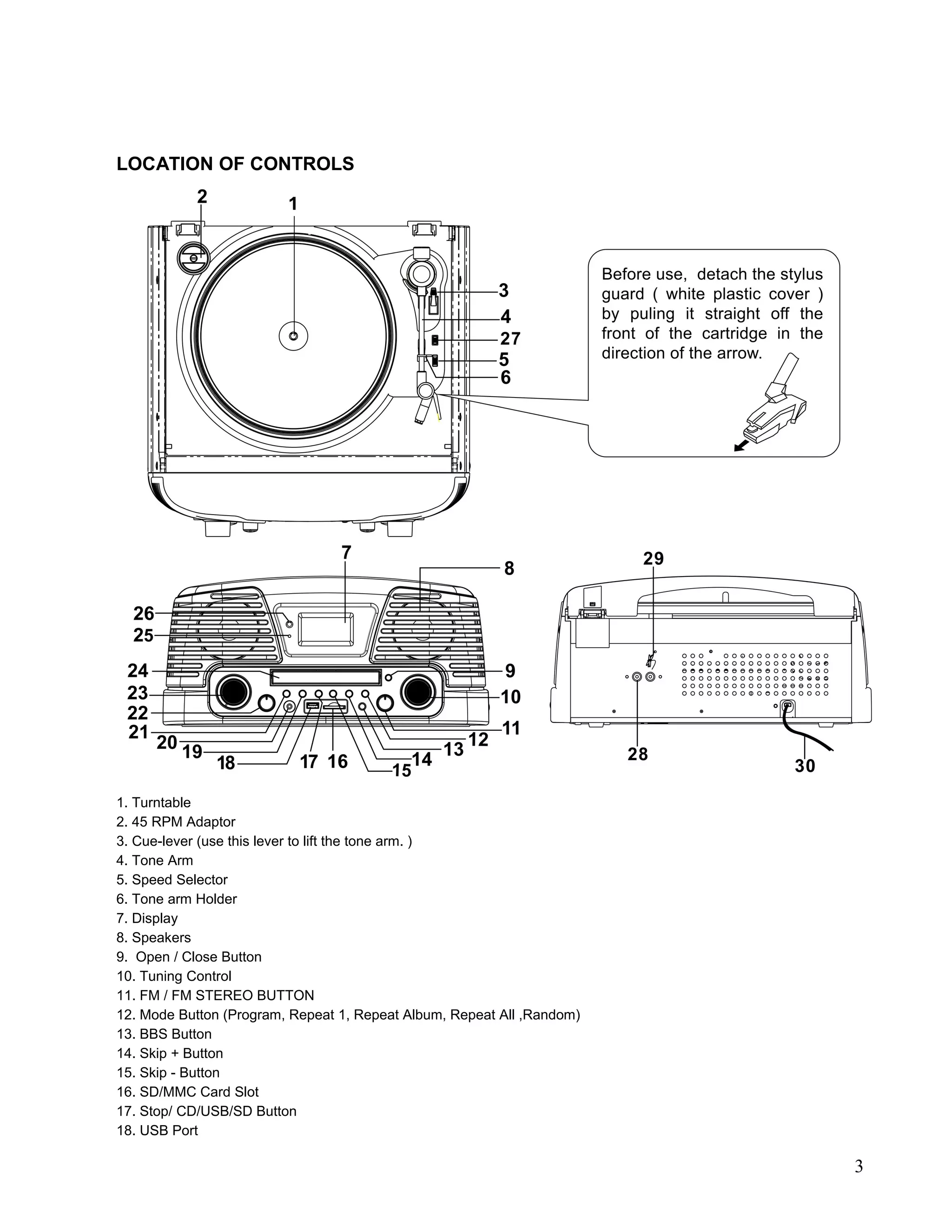 LOCATION OF CONTROLS




1. Turntable
2. 45 RPM Adaptor
3. Cue-lever (use this lever to lift the tone arm. )
4. Tone Arm
5. Speed Selector
6. Tone arm Holder
7. Display
8. Speakers
9. Open / Close Button
10. Tuning Control
11. FM / FM STEREO BUTTON
12. Mode Button (Program, Repeat 1, Repeat Album, Repeat All ,Random)
13. BBS Button
14. Skip + Button
15. Skip - Button
16. SD/MMC Card Slot
17. Stop/ CD/USB/SD Button
18. USB Port

                                                                        3
 