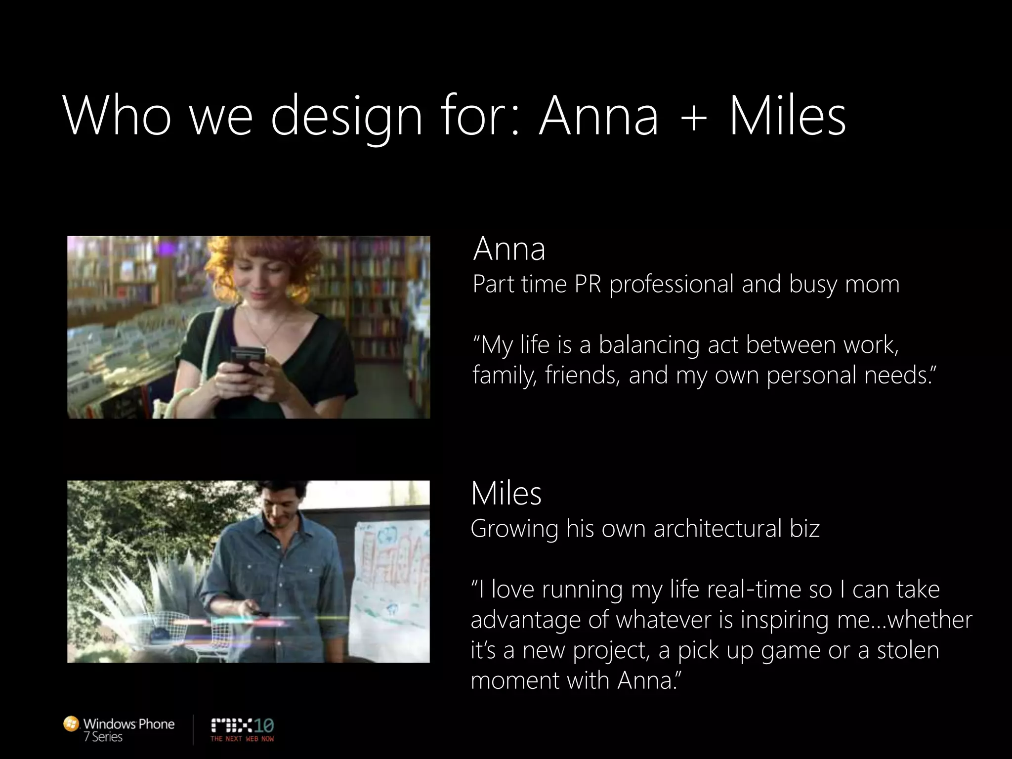 Who we design for: Anna + MilesAnnaPart time PR professional and busy mom“My life is a balancing act between work,family, friends, and my own personal needs.”MilesGrowing his own architectural biz“I love running my life real-time so I can takeadvantage of whatever is inspiring me…whetherit’s a new project, a pick up game or a stolenmoment with Anna.”