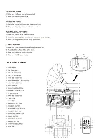 THERE IS NO POWER
1. Make sure the Power source is connected.
2. Make sure the unit power on      .


THERE IS NO SOUND
1. Check the volume level by turning the volume knob.
2. Make sure the unit under correct function mode.


TURNTABLE WILL NOT WORK
1. Make sure the unit is set to Phono mode.
2. Check the cassette player to make sure a cassette is not playing.
3. Make sure the protective needle cover is removed.


CD DOES NOT PLAY
1. Make sure CD is inserted correctly (label side facing up).
2. Check that the surface of the CD is clean.
3. Make sure the unit is under CD mode.
4. Make sure the CD is not blank.




LOCATION OF PARTS

1   SPEAKERS
2   SD CARD SLOT
3   CD LED INDICATOR
4   SD LED INDICATOR
5   USB LED INDICATOR
6   CD/PHONO/RADIO/TAPE SWITCH
7   AM/FM BAND SWITCH
8   CD DRAWER
9   PLAY/PAUSE BUTTON
10 REPEAT LED INDICATOR
11 STOP BUTTON
12 MP3 LED INDICATOR
13 * BUTTON
14 * BUTTON
15 PROGRAM BUTTON
16 FOLDER - BUTTON
17 RANDOM LED INDICATOR
18 FOLDER + BUTTON
19 FOLDER LED INDICATOR
20 MODE BUTTON
21 FUNCTION BUTTON
22 POWER BUTTON
23 OPEN/CLOSE BUTTON
24 USB PORT
 