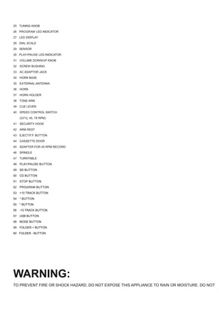 25 TUNING KNOB
26 PROGRAM LED INDICATOR
27 LED DISPLAY
28 DIAL SCALE
29 SENSOR
30 PLAY/PAUSE LED INDICATOR
31   VOLUME DOWN/UP KNOB
32   SCREW BUSHING
33   AC ADAPTOR JACK
34   HORN BASE
35   EXTERNAL ANTENNA
36   HORN
37   HORN HOLDER
38   TONE ARM
39   CUE LEVER
40   SPEED CONTROL SWITCH
     (331/3, 45, 78 RPM)
41   SECURITY HOOK
42   ARM REST
43   EJECT/F.F. BUTTON
44   CASSETTE DOOR
45   ADAPTER FOR 45 RPM RECORD
46   SPINDLE
47   TURNTABLE
48   PLAY/PAUSE BUTTON
49   SD BUTTON
50   CD BUTTON
51   STOP BUTTON
52   PROGRAM BUTTON
53   +10 TRACK BUTTON
54   * BUTTON
55   * BUTTON
56   -10 TRACK BUTTON
57   USB BUTTON
58   MODE BUTTON
59   FOLDER + BUTTON
60 FOLDER - BUTTON




WARNING:
TO PREVENT FIRE OR SHOCK HAZARD, DO NOT EXPOSE THIS APPLIANCE TO RAIN OR MOISTURE. DO NOT
 