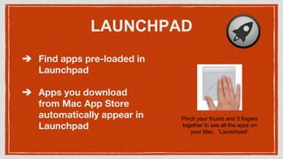LAUNCHPAD
➔ Find apps pre-loaded in
Launchpad
➔ Apps you download
from Mac App Store
automatically appear in
Launchpad
Pin...