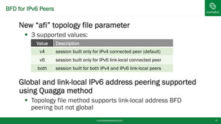 BFD for IPv6 Peers
New “afi” topology file parameter
 3 supported values:
Global and link-local IPv6 address peering
supported using Quagga method
 Topology file method supports link-local address BFD
peering but not global
cumulusnetworks.com 4
Value Description
v4 session built only for IPv4 connected peer (default)
v6 session built only for IPv6 link-local connected peer
both session built for both IPv4 and IPv6 link-local peers
 