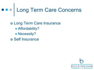 Long Term Care Concerns
 Long Term Care Insurance
 Affordability?
 Necessity?
 Self Insurance
 