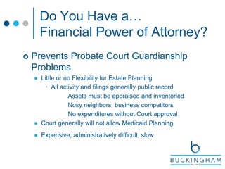 Do You Have a…
Financial Power of Attorney?
 Prevents Probate Court Guardianship
Problems
 Little or no Flexibility for Estate Planning
• All activity and filings generally public record
Assets must be appraised and inventoried
Nosy neighbors, business competitors
No expenditures without Court approval
 Court generally will not allow Medicaid Planning
 Expensive, administratively difficult, slow
 