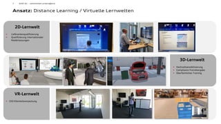 7
Ansatz: Distance Learning / Virtuelle Lernwelten
AUDI AG - weiterbilden.anders@audi
2D-Lernwelt
 Lieferantenqualifizierung
 Qualifizierung internationaler
Niederlassungen
3D-Lernwelt
 Hochvoltsensibilisierung
 Compliance Fremdvergabe
 Überfachliches Training
VR-Lernwelt
 CKD Kleinteileverpackung
 