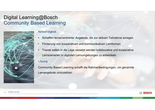 Digital Learning@Bosch
RK C/BTC | 03.07.2017
© Robert Bosch GmbH 2017. Alle Rechte vorbehalten, auch bzgl. jeder Verfügung, Verwertung, Reproduktion, Bearbeitung, Weitergabe sowie für den Fall von Schutzrechtsanmeldungen.
14
Community Based Learning
Notwendigkeit
• Schaffen lernerzentrierter Angebote, die zur aktiven Teilnahme anregen
• Förderung von kooperativen und kommunikativen Lernformen
• Trainer sollen in die Lage versetzt werden kollaborative und kooperative
Lernszenarien in digitalen Lernumgebungen zu entwickeln
Lösung
Community Based Learning schafft die Rahmenbedingungen, um genannte
Lernangebote umzusetzen
 