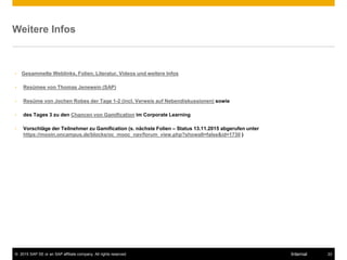 © 2015 SAP SE or an SAP affiliate company. All rights reserved. 22Internal
Weitere Infos
• Gesammelte Weblinks, Folien, Literatur, Videos und weitere Infos
• Resümee von Thomas Jenewein (SAP)
• Resüme von Jochen Robes der Tage 1-2 (incl. Verweis auf Nebendiskussionen) sowie
• des Tages 3 zu den Chancen von Gamification im Corporate Learning
• Vorschläge der Teilnehmer zu Gamification (s. nächste Folien – Status 13.11.2015 abgerufen unter
https://mooin.oncampus.de/blocks/oc_mooc_nav/forum_view.php?showall=false&id=1730 )
 