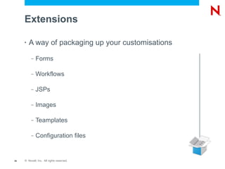 Extensions

     •   A way of packaging up your customisations
          –   Forms

          –   Workflows

          –   JSPs

          –   Images

          –   Teamplates

          –   Configuration files


26   © Novell, Inc. All rights reserved.
 