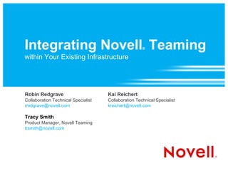 Integrating Novell ®  Teaming within Your Existing Infrastructure Robin Redgrave Collaboration Technical Specialist [email_address] Tracy Smith Product Manager, Novell Teaming [email_address] Kai Reichert Collaboration Technical Specialist [email_address] 